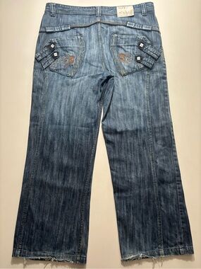 Archived Mens Japan style FLU studded dark blue faded boot cut embroidered jeans